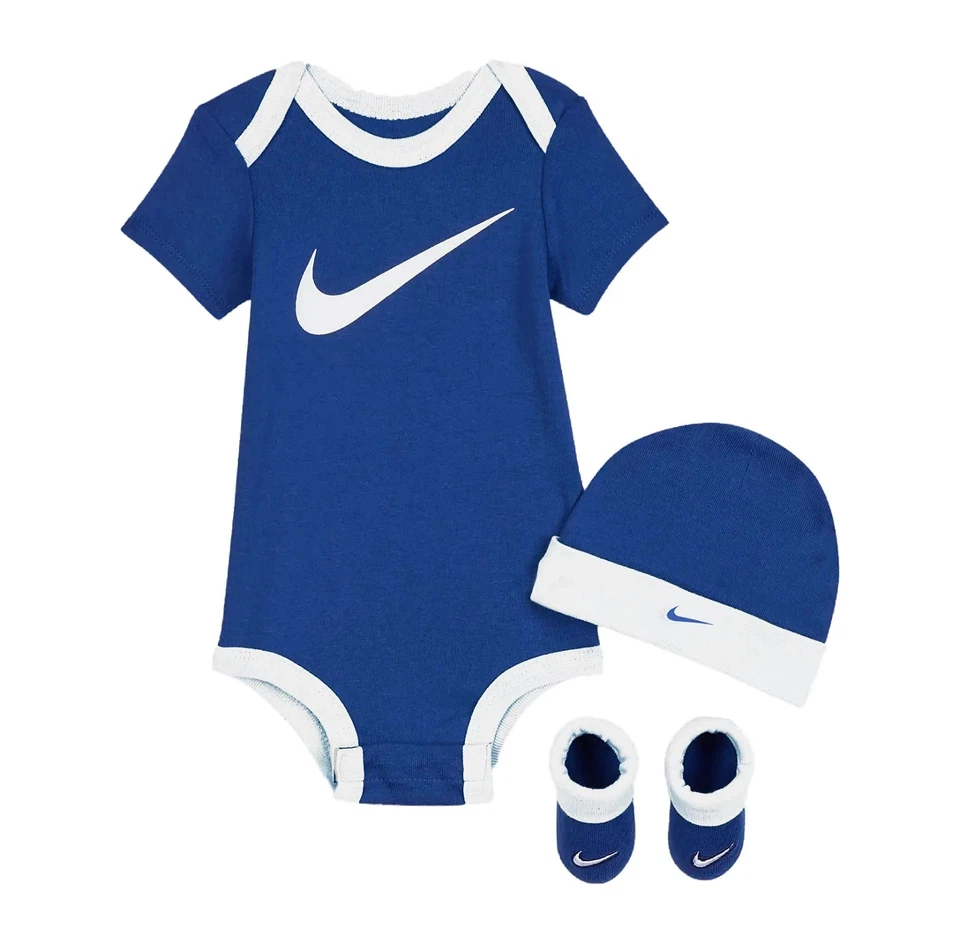 Nike Swoosh 3-Piece Bodysuit Beanie & Booties Set Blue Infant Size 0-6 Months