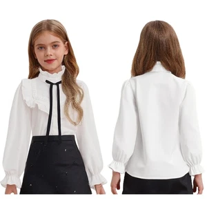 Kinder Mädchen Hemd Schleife Bluse Party Spitze Abschluss Basic Hochzeit Weich - Picture 1 of 12