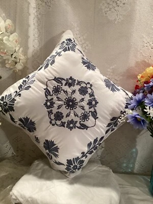 White And Blue Embroidered Floral  Square Throw Pillow - Image 1 of 4