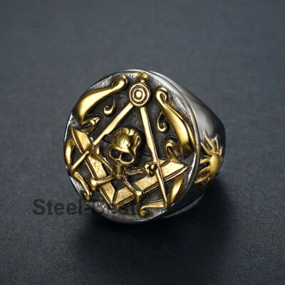 Big Heavy Men's Masonic Skull Ring Stainless Steel Gothic Skull Ring Silver Gold - Image 1 of 4