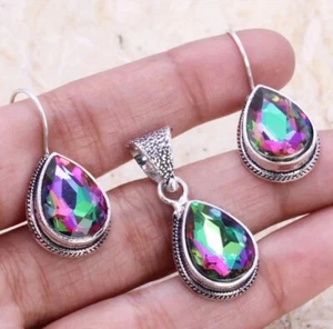 JUEGO DE PENDIENTES COLGANTES DE PLATA DE LEY 925 TOPACIO MÍSTICO NATURAL HECHOS A MANO ANTIGUOS - Imagen 1 de 1