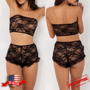 Black Lace Sheer See Through Lingerie Set Strapless Bra Panty Underwear S-XL - Picture 1 of 6