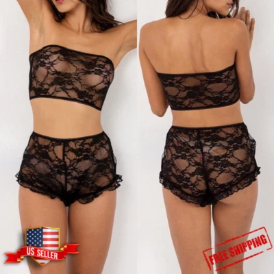Черный кружевной прозрачный видеть через белье комплект бюстгальтер без бретелек трусики нижнее белье S-XL - Изображение 1 из 4