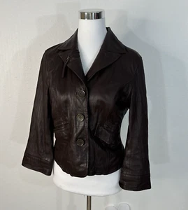 Womens Boston Proper Leather Jacket Coat 4 Brown Button Front Lined - Picture 1 of 13