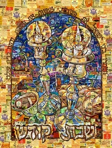 Art Collage Poster Print Shabbat Candles Made Out Of Kosher Wines Labels - Picture 1 of 8