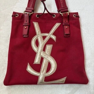 Yves Saint Laurent Kahala Tote Shoulder Bag Leather Canvas Red vintage Used - Picture 1 of 10