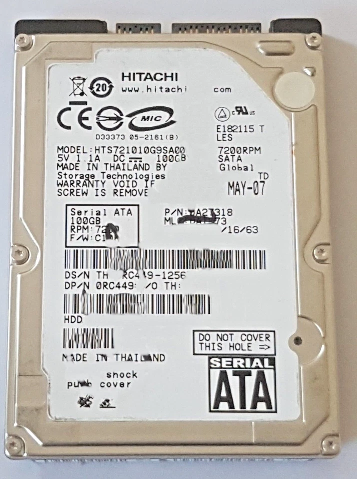 100 GB SATA Hitachi Travelstar HTS721010G9SA00 7200RPM 8MB HDD 2.5 " Hard Drive - Image 1 of 1