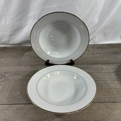 2 JC Penny Home Collection 9” Soup Bowls White Gold Rim Pattern - Image 1 of 4