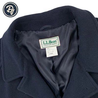 1980'S XL L.L. Bean Solid Navy Blue 100 % Wool Belted Over Coat Made USA - Image 1 of 4