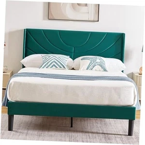 Full Size Bed Frame Upholstered Platform with Wave Fabric Headboard,Wooden - Picture 1 of 7