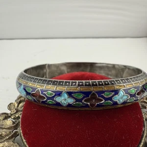 Vintage Sterling Silver Enamel Cloisonné Floral Bangle Bracelet 3” ID 36g .925 - Picture 1 of 6