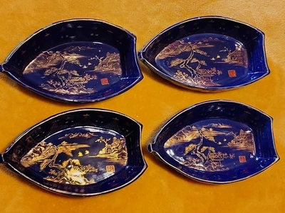 4 platos de barco Meiji Arita Lapislázuli azul Kinrande 1868-1912 uno restaurado Foto 1 de 4