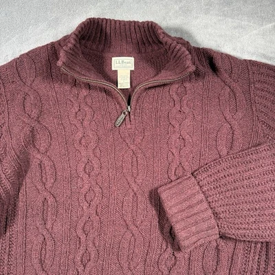 LL Bean Cable Knit Lambs Wool Blend Sweater Fisherman Quarter Zip Mens Sz Large - Image 1 of 4