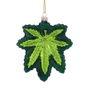 ADORNO ÁRBOL DE NAVIDAD CANNABIS 4.5" Vidrio Verde Brillo Maceta Hoja Marihuana NUEVO - Imagen 1 de 7