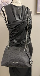 Borsa a tracolla Michael Kors nera grigia MK firma pelle rivestita tela - Foto 1 di 14