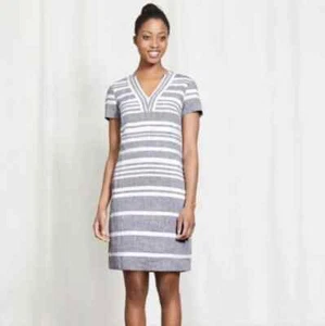 Boden Blue Grey White Striped Notch Neck Rosemary Linen Dress - Size 10 L - Picture 1 of 13