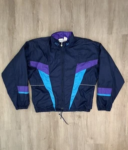Vintage 90’s MFT ASICS Blue Colorblock Windbreaker Zip Jacket Men L Pockets Logo - Picture 1 of 9