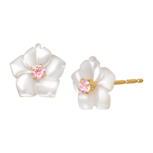 Finecraft Mother-of-Pearl Flower Earrings with Pink CZ in 14K Yellow Gold