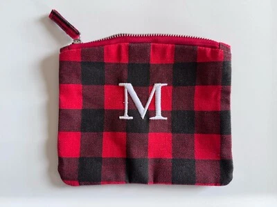 Bolso sin asas de cosméticos rojo negro búfalo a cuadros cierre de cremallera bordado M NUEVO Foto 1 de 3