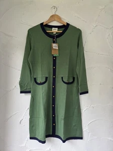 Joanie Size Medium New Knit Dress Green Blue Contrast Trim Gold Buttons - Picture 1 of 5