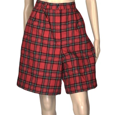 1990s Y2K Vintage Red Plaid Tartan Bermuda Shorts Hi Waist Clueless 100% Wool 10 - Image 1 of 3