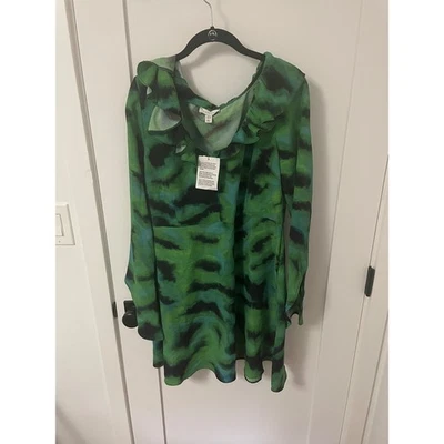 Мини-платье Topshop с зеленым принтом с оборками с длинным рукавом размер 12 - Изображение 1 из 3