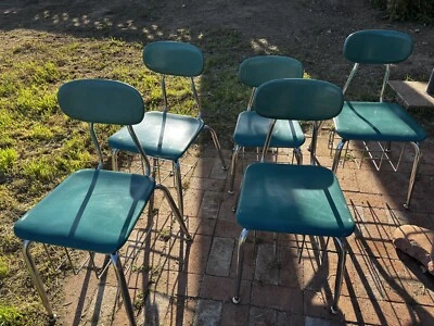Vintage MELSUR MID CENTURY Modern Teal Chrome SCHOOL CHAIRS W/ Book Basket Lot - Image 1 of 4