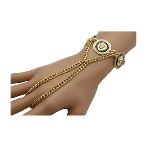 Damen Gold Farbe Metall Hand Kette Armband Verbunden Ring Löwe Münze Medaillons - Bild 1 von 16
