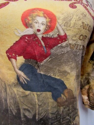 VTG SUSAN LAWRENCE Cotton Knit Top Cow Girls Pin Up Covered Wagon Red Gold Tan M - Image 1 of 4
