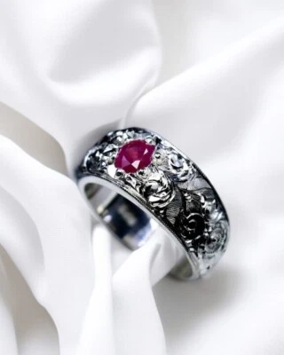 Anel feminino presente unissex rubi corte redondo natural prata 925 homem mulher Yaqoot - Imagem 1 de 3