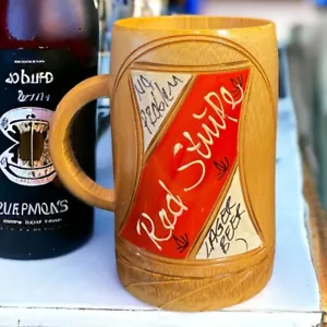 Vintage 1980er rote Streifen Jamaika 12 Unzen Holz Bier Glas handgeschnitzt Logo Stein - Bild 1 von 8