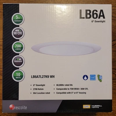 PRESCOLITE 6" LED Downlight LB6A7L27K9 WH White 700 Lumens Dimmable 10 Watts - Image 1 of 4