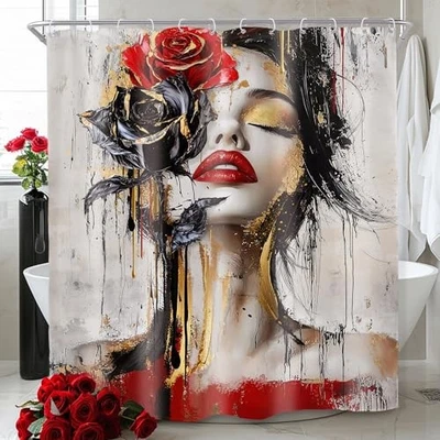  Cortina de Ducha Abstracta Mujer 60Wx72L Pulgadas 60"W x 72"L (Pack de 1) C-negro Rojo Foto 1 de 4