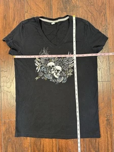 Women's Harley Davidson Aruba 2019 Black V-Neck Skulls Wings Roses Size L Large - Picture 1 of 14