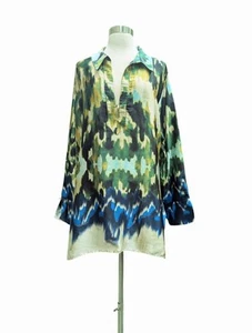 ZARA Tunic Top Satin Green Blue Tie Dye Look Oversized Bogo LARGE - Picture 1 of 8