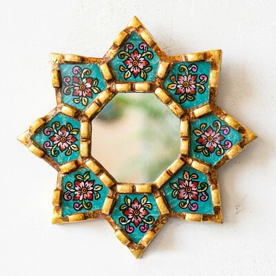 Turquoise Hanging mirror wall art decor | Peruvian Accent Small wall mirror home - Image 1 of 4