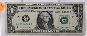$1 US Federal Reserve Note FANCY SERIAL No. TRINARY 3 PAIR 00110081 X105 - Picture 1 of 2