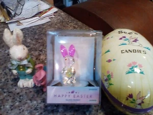 Happy Easter, Clear Glass Bunny 2.4", See's Easter Egg 6", Plus 2 easter bunnies - Picture 1 of 3