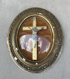 Antik 19jh Holzrahmen Kruzifix konvex Glas Wandtafel religiös Jesus Kunst - Bild 1 von 11
