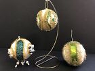 LOT OF 3 Vintage Christmas Push Pin Sequin Ornaments GREENS & GOLD Xmas Ornament
