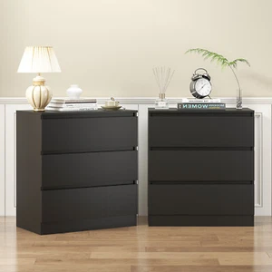 Ufurniture Set of 2 Bedside Table 3 Drawers Nightstand Side Table Black - Picture 1 of 8