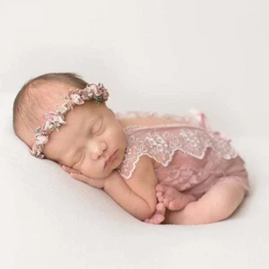 Baby Lace Romper Headband Set Newborn Photography Prop Bodysuit Flower Hair Band - Picture 1 of 6