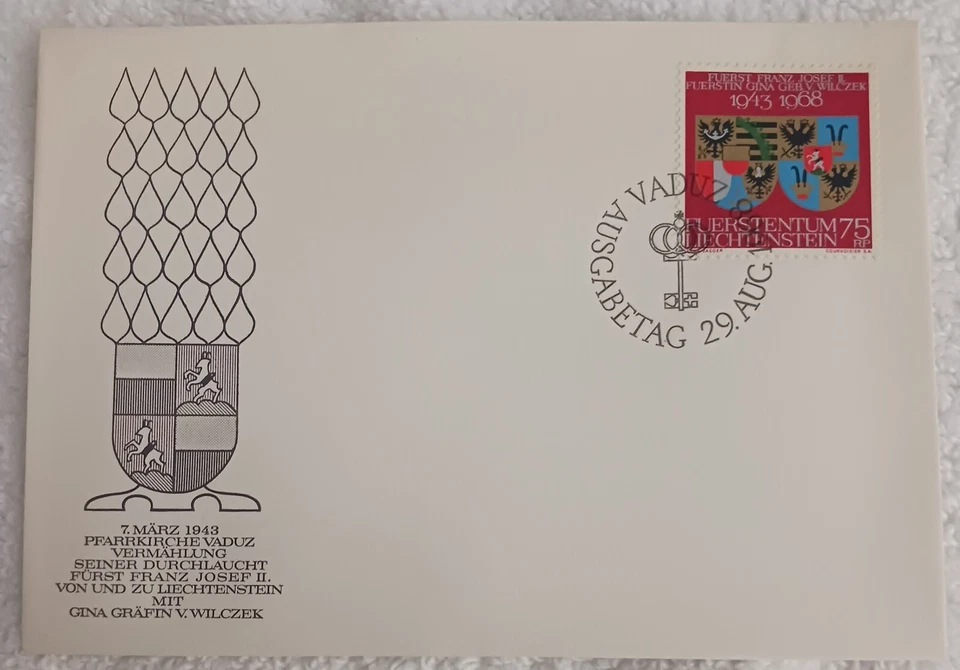 LIECHTENSTEIN  - 1968 - ROYAL WEDDING  OF PRINCE JOSEPH & COUNTESS GINA - FDC - - Image 1 of 1