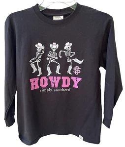 Simply Southern Howdy Long Sleeve Shirt Girl Medium Halloween Black Skeleton New - Picture 1 of 4