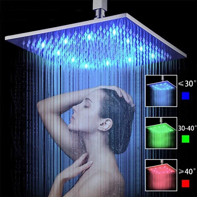 LED Rainfall Shower Head High pressure 16 inch Square Spray Brushed Nickel Brass - Image 1 of 4
