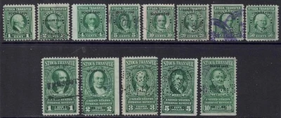 US Scott RD140/RD155, mix of 13, 1c/$10 “Series 1943” Stock Transfer Greens cj99 - Image 1 of 2