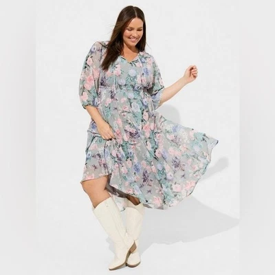 Vestido Torrid Tea Largo Corbata Frontal Gris Rosa Púrpura Floral Gasa Talla 5X/28 Foto 1 de 4