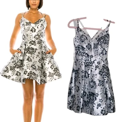 B Darlin Sz 2 Silver Black Floral Jacquard Holiday Party Dress Pockets NWT - Image 1 of 4