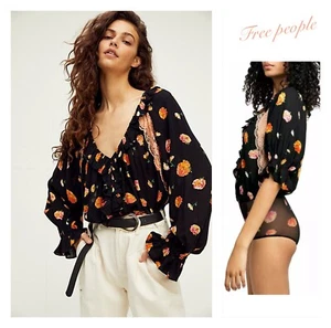 Free People Womens Top Bodysuit Long Sleeve Floral Boho Semisheer Lace-XS NEW - Picture 1 of 10