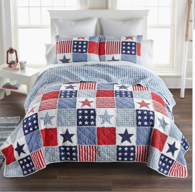 Americana Stars and Striped Patchwork Cotton King Quilt Set Patriotic - Image 1 of 4